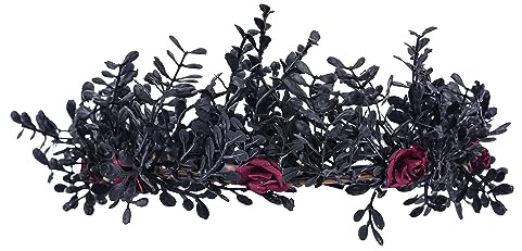 MOSTORY Feen Krone Hexe Kopfschmuck Schwarz für Faschingskostüme Damen, Renaissance Elfen Diadem mit Rot Blumen für Mittelalter Accessoires Cosplay