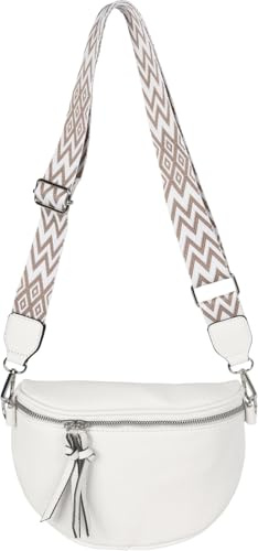 styleBREAKER Damen Halbmond Crossbody Schultertaschen Einfarbig, verstellbarer Schultergurt mit Zick-Zack Rauten Muster 02012401, Farbe:Weiß