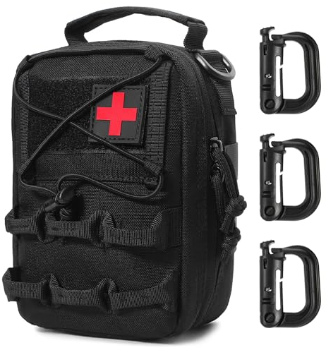 MUCHER Borsa Tattica di Primo Soccorso, Molle Emergenza Tattica Medico Pacco, Sicurezza e Kit di Sopravvivenza da Campeggio con 3 moschettoni per all'aperto, l'escursionismo, la caccia, Vuota (Nero)