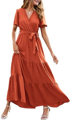 MASCOMODA Robes maxi d'été à pois suisses pour femmes, portefeuille col en V, manches courtes volantées, style bohème décontracté fluide, longue robe d'invitée de mariage, Taille L