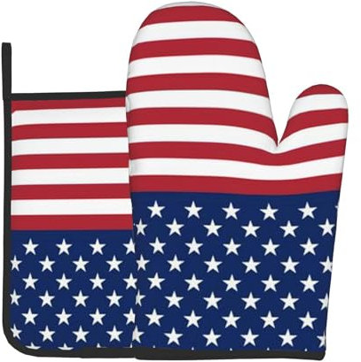 American Flag Stars Stripes Oven Gloves Heat Resistant, Print Cotton Non-Slip Oven Mitts And Pot Holders For Cooking