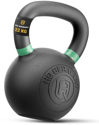 HQ Germany® Kettlebell Powdercoat [Pulverbeschichtung] - Kugelhantel 2-32kg | Vollguss ohne Schweißnähte, ±2% kalibriert, optimierte Gussform je Gewicht, Beschichtung platzt nicht ab, Farbcodes nach Norm