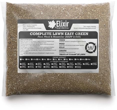 Elixir Gardens Seasonal Lawn Fertilisers for Turf & Grass | Complete Lawn Weed, Feed & Mosskiller with added Iron | 10-2-2+8Fe | Treats 200 Sq. Meters