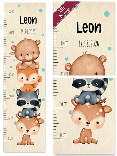 Messlatte Kind Holz - Tiere - Kindermesslatte niedliche Wildtiere mit Name und Geburtsdatum Babymesslatte I Bär I Eichhörnchen I Waschbär I Reh - 0-60 cm - Holz - kinder größe 160 tier
