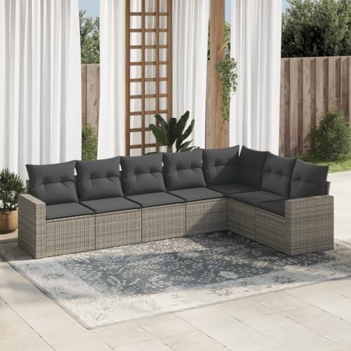Iiaky 7-TLG. Garten-Sofagarnitur mit Kissen Gartengarnitur Set Lounge MöBel Outdoor LoungemöBel Balkon Grau Poly Rattan - 3219040
