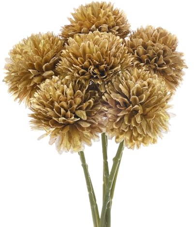 M METERXITY 6-Pack Flores de Bola de Crisantemo Artificial, 11 Ramo de Hortensias de Seda Falsa Toque Real Flores Falsas para Hogar/Boda/Navidad/Fiesta/Jardín Oficina [Oro]
