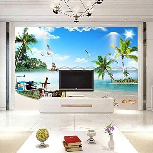 XLMING Blue Skies, White Clouds, Sunny Beaches, Coconut Trees, Sailboats. 3D Wallpaper Home Dining Room Sofa Bedroom Living Room TV Backdrop-430cm×300cm
