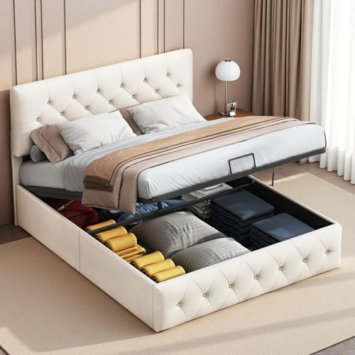 DAHUEN Cama Doble Acolchada 160 x 200 cm, Palanca de presión atmosférica con Espacio de Almacenamiento de Terciopelo albaricoques Marco de Cama con cabecera Ajustable en Altura (160 x 200 cm)