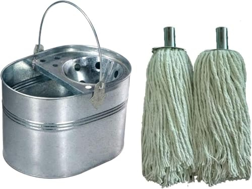 Best House | Galvanized Mop Bucket 15 Litres + 2 PCS Cotton 16 Ply Metal Socket Mop Head | Strong & Durable | Industrial Galvanized Steel Mop Bucket For Home Office Commercial Use Mop Heads