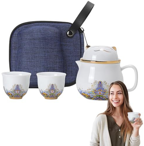 Buerfu Portable Ceramic Tea Cup Set | Tea Cup Set Portable Lucky Cat Teapot Set,Shockproof Tea Set Porcelain Tea Cups with Tea Strainer for Picnic
