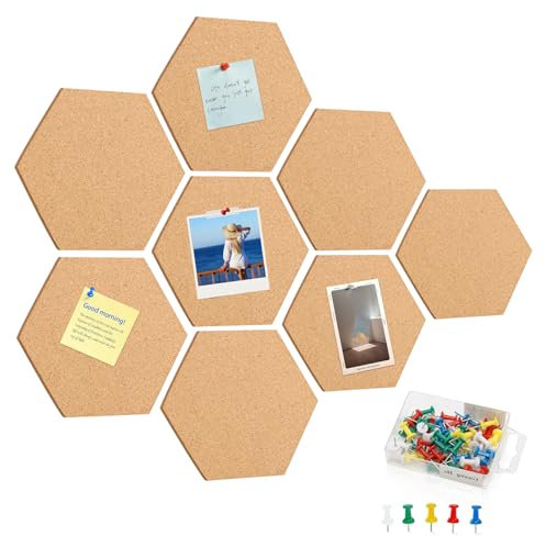 gaoduanluoluo 8 Pièces Tableau Liege, Panneau de Liège Hexagonal,Tableau en Liège Autocollant avec 50 Punaises pour Accrocher des Photos, Notes, Décoration Murale et Bureau (Brun)