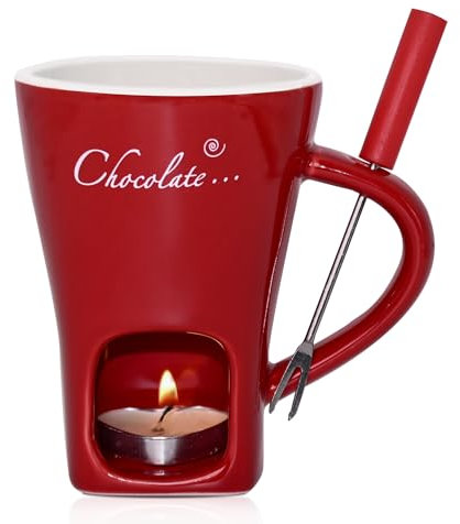 Gwezmxs Cerámica para Fondue de Chocolate Taza para Queso con Tenedor, Rojo