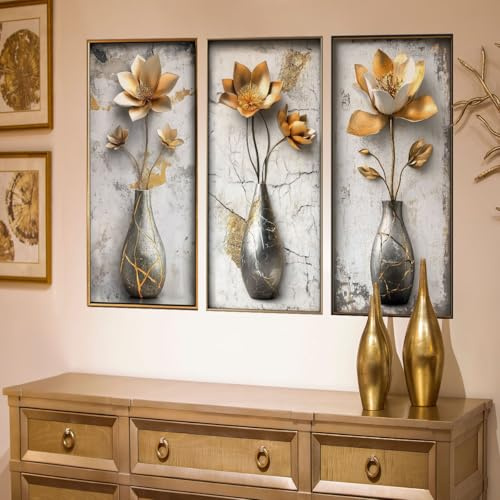 Runtoo 3D Flower Wall Art Stickers Gold Floral Vase Wall Decals Peel and Stick Living Room Bedroom Office Home Decor