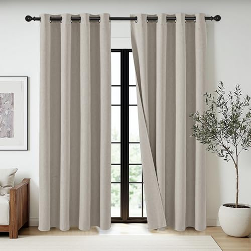 PONY DANCE Sand 52x54 Inch 2 Panels 100% Blackout Curtains - Thermal Insulated & Soundproof Eyelet Curtains with Premium Linen Texture for Living Room & Bedroom