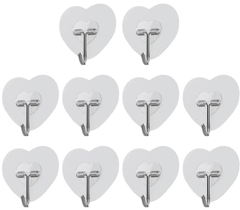Zuasdvnk Ganchos adhesivos fuertes, ganchos adhesivos de alto rendimiento, sin daños, ganchos de pared con forma de corazón, con retención de peso, 10 perchas transparentes extraíbles multiusos para