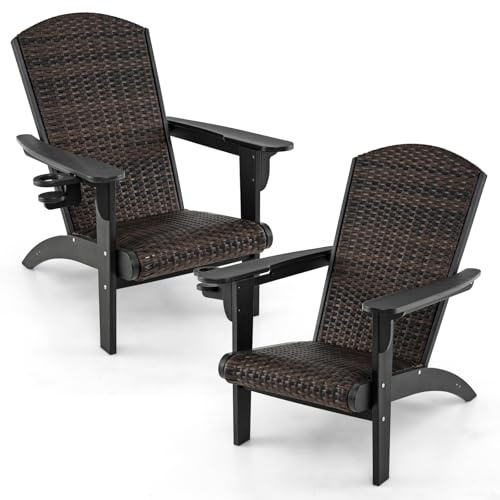 LIFEZEAL Adirondack Stuhl Outdoor, Gartenstuhl PE-Rattan, Gartensessel mit gepolstertem Sitz, Armlehnen & Getränkehalter, Wetterfeste Gartenliege (Schwarz)