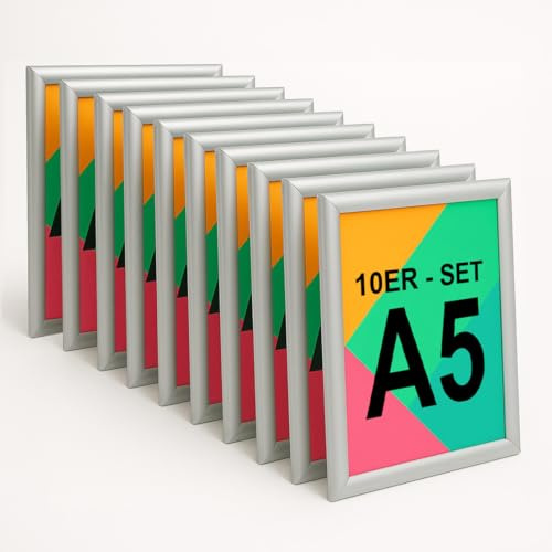 Aluanz Klapprahmen A5, Silber, 10er Set | Bilderleiste, Wechselrahmen mit Antireflexfolie, Posterleiste für Wandmontage, Hoch- & Querformat, 24 x 18 x 1,2 cm