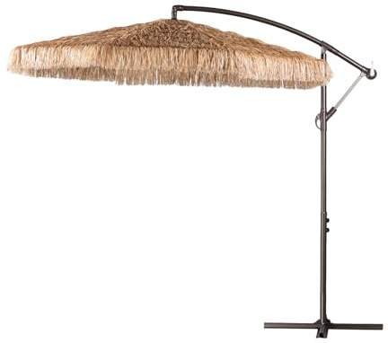 COWVIE 2.7m Cantilever Tiki Thatch Patio Umbrella, Hand-Push Tilt Offset Umbrella for Outdoor, Poolside, Backyard, Beach - Natural Straw Look (No Base)