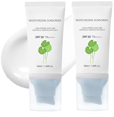 Lot de 2 crèmes solaires hydratantes à l'acide hyaluronique SPF50 - Protection solaire minérale naturelle - Crème solaire légère pour le visage, rafraîchissante, hydratante, apaisante et défense UV
