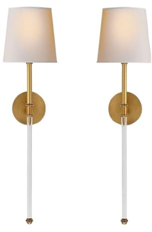 HYHDDM Applique moderna E14 con paralume in lino bianco – Lampada sottile in ottone e vetro for camera da letto, bagno e corridoio | Set da 2
