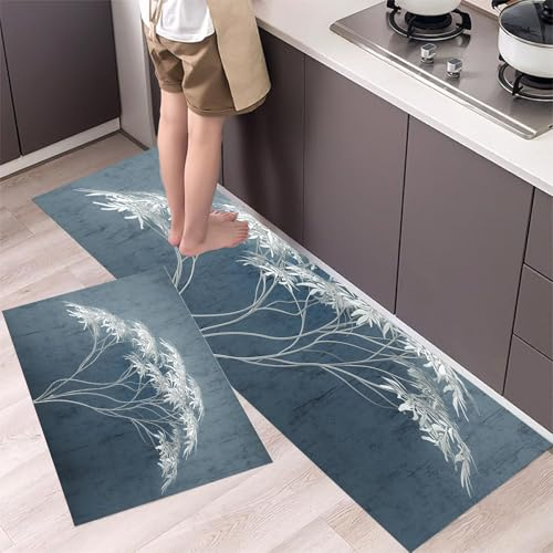 MLSOWM Set di Tappetini da Cucina Salice Bianco, Assorbenti d'acqua, Tappeti Semplicità Astratta Antiscivolo Durevoli per Cucina, Lavanderia, Camera da Letto, 40x60cm+40x120cm, Grigio Blu