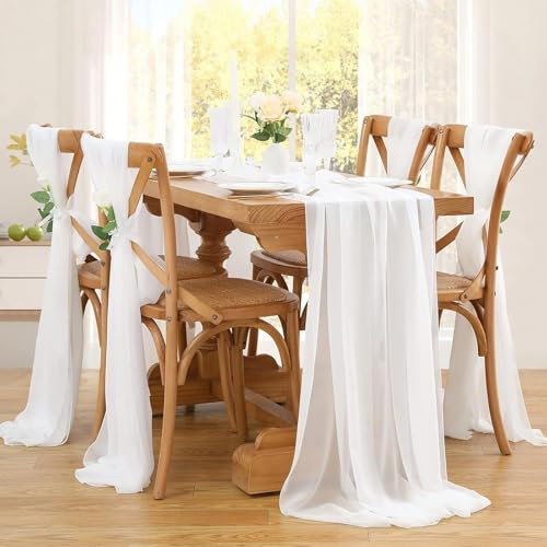 Tischläufer Chiffon,70x600 cm Tischband Weiß Stoff Tüll Waschbar Tischdeko Hochzeit Table Runner Romantisch Halbdurchsichtig Lang Stoff-Tischdecke für Boho Hochzeit Geburtstage Party Indoor & Outdoor