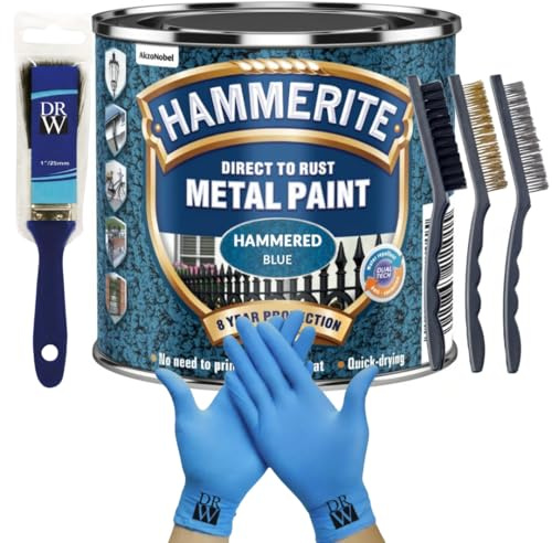 DRW Hammerite Direct to Rust Metal Paint Hammered Blue 250ml 1 Paint Brush, 3 Wire Brush Set & Free Nitrile Gloves | Durable Rust Protection for Indoor & Outdoor Metal