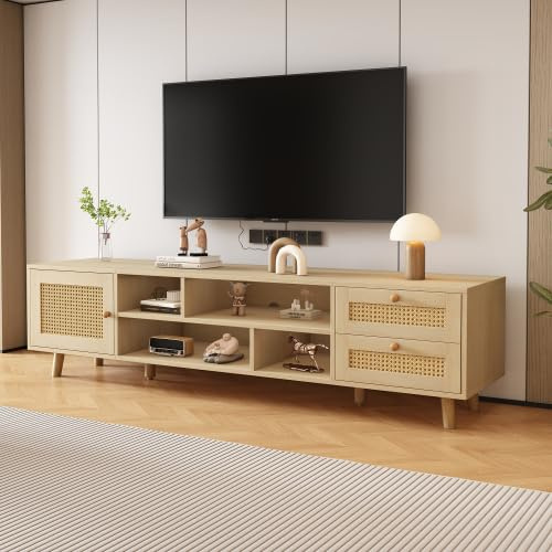 Merax TV Schrank 160 cm mit Rattan-Türen, Lowboard für Fernseher bis 70 Zoll, Höhenverstellbare Füße, Kabelmanagement und Geräuschdämpfende Scharniere für Wohnzimmer