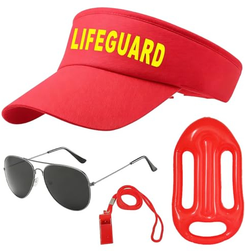 MOPQMKT 4 Piece Lifeguard Costume Set, Baywatch Fancy Dress Costumes, Lifeguard Fancy Dress Costume, Includes Lifeguard Visor Cap Sunglasses Sports Whistles Buoy Life Ring, for Carnival