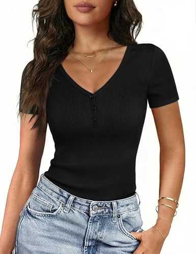 Gyabnw T Shirt Femme Col V À Côtes Haut Femme Été Manches Courtes Slim Fit Style Sexy pour L Été