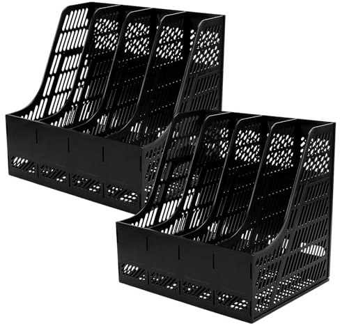 SINJEUN 2 Stück Stehsammler A4 Kunststoff, 32,5 x 26,3 x 31,3cm 4 Fächer Zeitschriftensammler Kunststoff, Schwarz Schreibtisch Organizer für Dokumente, Papier Aufbewahrung