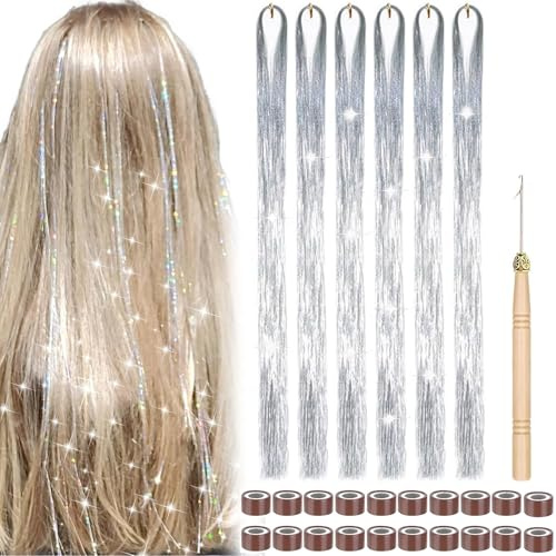 KSJEHW 6 Stücks 2000 Hair Tinsel, 120cm Glitzer Haarsträhnen mit Werkzeug, Haar Lametta Set, Mädchen & Kinder Haarlametta, Glitzersträhnen für Haare für Frauen Kinder Cosplay Party Zubehör, Silber
