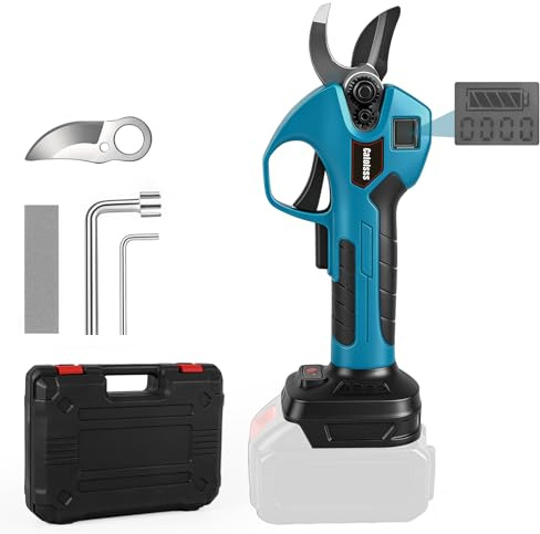 Batteridriven grensax kompatibel med Makita 18 V batteri, professionell elektrisk trädgårdssax med 2 SK5-ersättningsblad, digital display, 40 mm maximal skärdiameter (utan batteri)