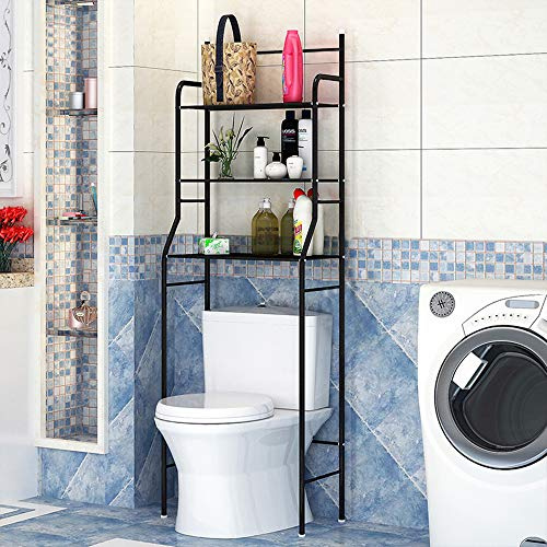 estanteria sobre Inodoro WC, estante para inodoro, 55 * 26 * 165cm, fabricado en acero, carga máxima 30KG, con gancho y porta pañuelos (Negro)