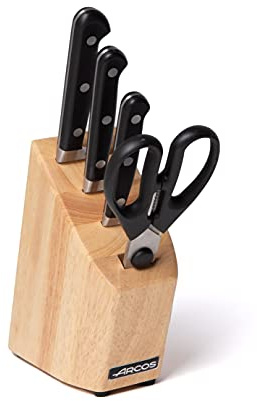 Arcos Opera - Küchenmesser-Set 4 Stück (3 Messer + Küchenschere) - NITRUM geschmiedetem Edelstahl - HandGriff POM - Walnuss lackierter Buchenholzblock