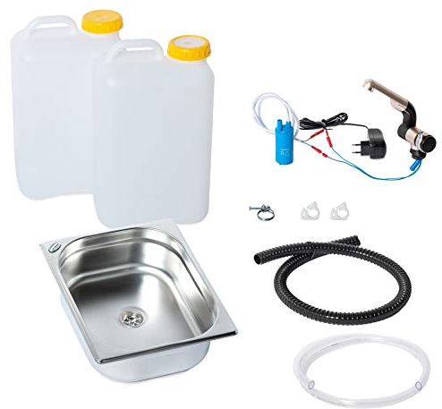 Wasseranlage Imbisswagen Verkaufsanhänger Campingküche 230v Bausatz Spüle 325x265x100 + Wasserhahn Barwig Chrom Wasserkanister 19Liter (ad-ideen)