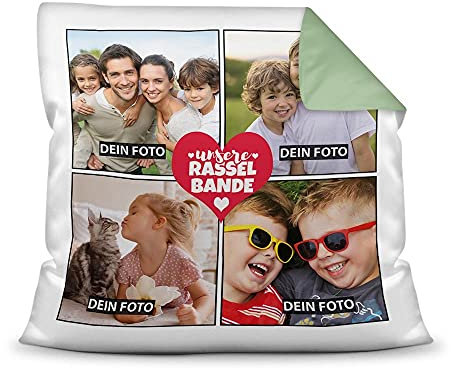 PR Print Royal Kissen mit Füllung - Fotocollage - Unsere Rasselbande - Familiencollage als Erinnerung - mit Vier Fotos selbst gestalten - Farbkissen Rückseite Seegrün, 40 x 40 cm