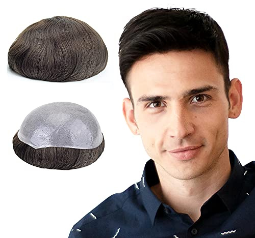 Lordhair Protesi Capelli Uomo, Pelle Super Sottile da 0,06 mm Tutti con loop a V Parrucca da Uomo per Sistema Capillare da 8x10 Pollici Dimensione Della Base Densità Media -130%