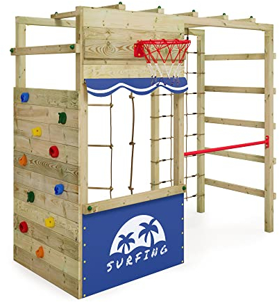 WICKEY Klettergerüst Outdoor Spielturm Smart Action mit Blauer Plane, Spielgerät mit Kletterwand, Basketballkorb & Spiel-Zubehör für Kinder im Garten aus Holz
