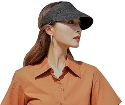 SIPEIEN Sonnenhut Damen Strohhut Visor Cap Sommer UV Schutz mit Breiter Krempe Verstellbarer Visierhut aufrollbare UPF50+ Pferdeschwanz Kappe für Frauen Schwarz