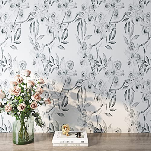 ReWallpaper Selbstklebende Tapete Blumen Grau Tapete Schwertlilien Klebefolie Möbel Blumenmuster Vintage Möbelfolie Selbstklebend Floral Blumentapete Schlafzimmer 44.5CM x 3M