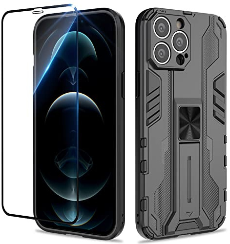 Btstring Hülle kompatibel mit iPhone 12 Pro Max mit Schutzfolie, Militär Standard Cover Case Standfunktion Handy Hüllen Schwarz