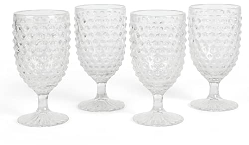 Martha Stewart Chauncey 4-Pack Hobnail Glass Goblets, 14.2 oz – Clear Vintage-Style Drinking Glasses, Handmade Textured Glassware for Water, Wine, or Entertaining