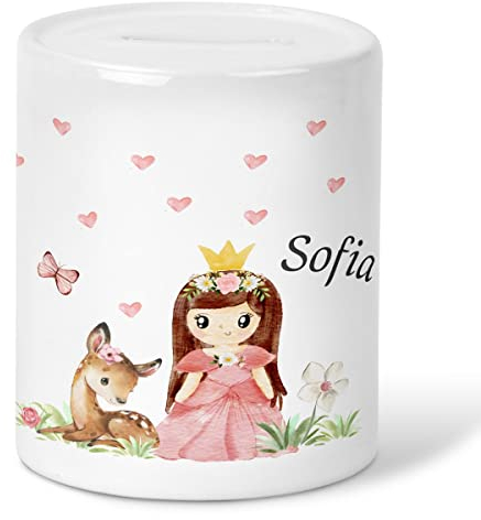 Mikalino Kinder Spardose Prinzessin & Reh mit Wunschname Geschenke Geschenkideen Sparschwein - handbedruckt in Deutschland, Farbe:weiss, Grösse:onesize