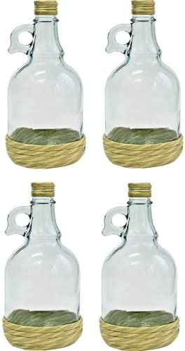 lilawelt24 4x 1L Glasflasche + Graskorb GLASBALLON Weinballon leere Flasche Karaffe