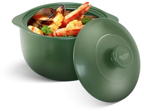 MINH LONG 2-Qt Porcelain Dutch Oven with Lid – Lead & Cadmium Free, Oven Safe to 482°F, Heat Retention, Clay Pot for Cooking on Gas & Infrared Cooktop, Use to Marinate, Cook, Bake, Refrigerate & Serve