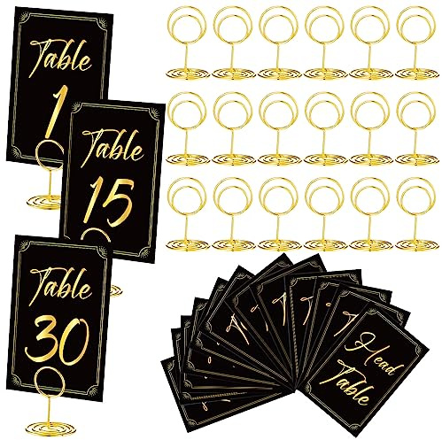 Thenshop 31 Sets Table Number Cards with Holders, 1-30 Numbers Head Table Card 2 Place Holder Stand for Wedding Anniversary Birthday Restaurant(Round,Black, Gold)