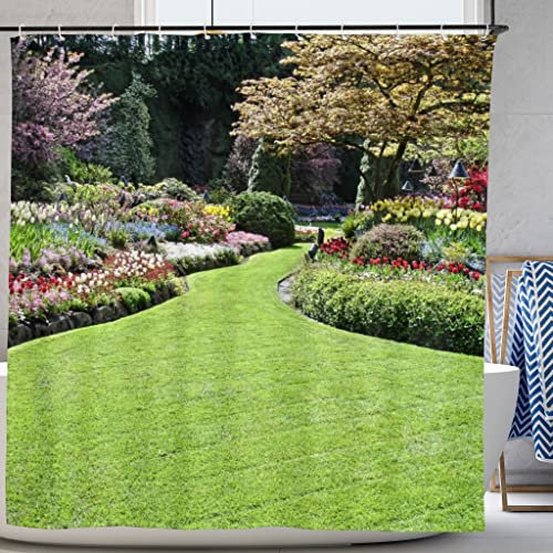 Abaysto Shower Curtain 3D Garden View Flowers Trees Outdoor Nature Scenery Waterproof Cloth Fabric Bathroom Decor Set with Hooks 180x180cm