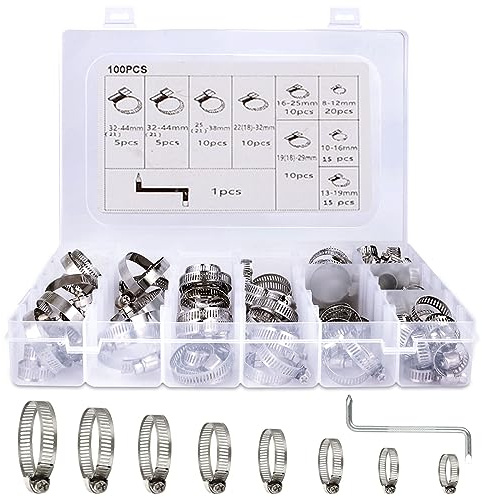 GOYADA 101Pcs Adjustable Hose Clips, 8-44mm Range With Screwdriver, 8 Sizes Stainless Steel Clamps for Water and Gas Pipes
