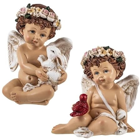 Set de 2 angelitos sentados con una Paloma y un Conejo 10 cm
